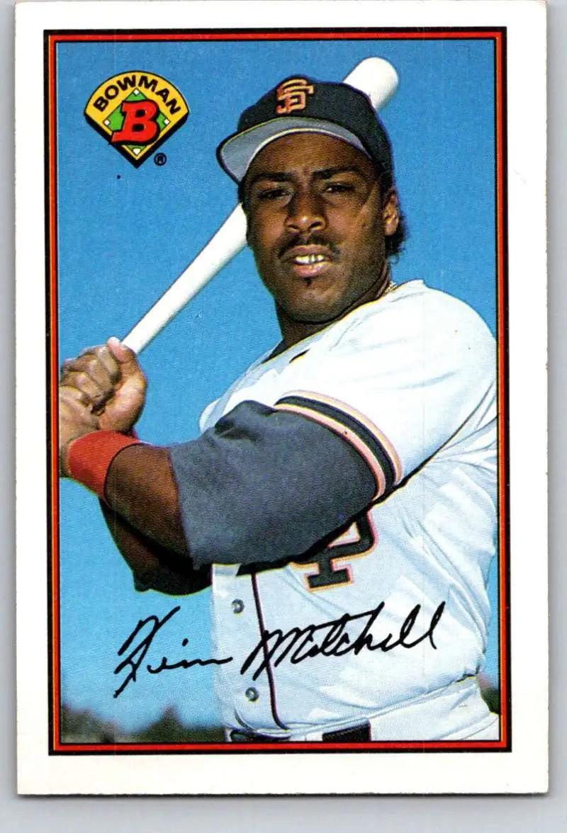 Baseball card of Kevin Mitchell in white home uniform for San Francisco Giants