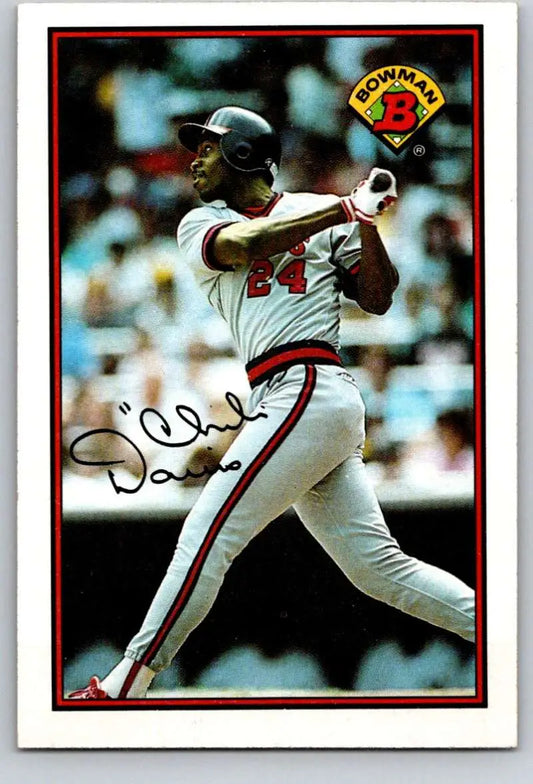 Baseball player Chili Davis in California Angels uniform mid-swing on baseball card