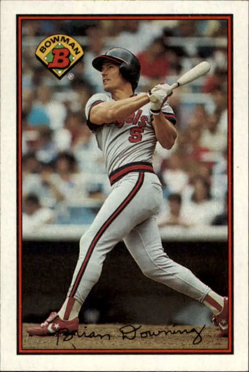 Baseball card of Brian Downing from California Angels in white and red uniform