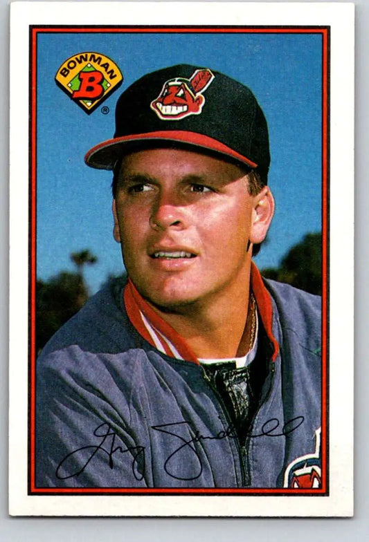 Baseball card of Greg Swindell in a navy cap with Cleveland Indians logo