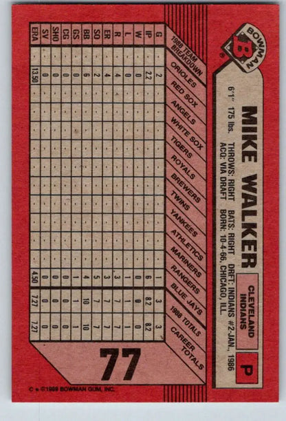 Red baseball card featuring Mike Walker statistics for Cleveland Indians trading cards