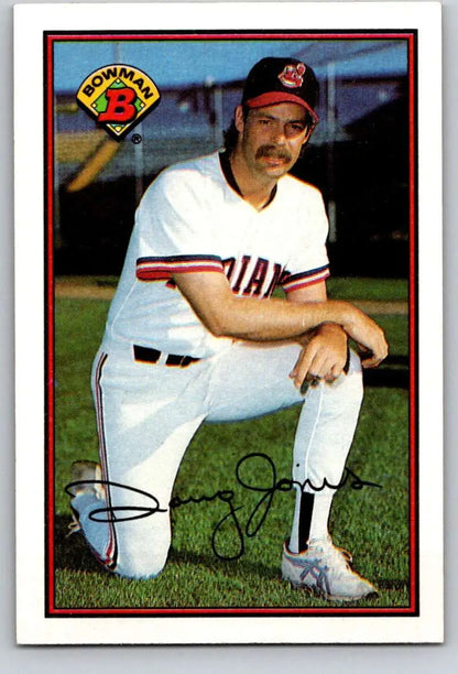 Doug Jones in Cleveland Indians uniform kneeling on baseball card from 1989 Bowman