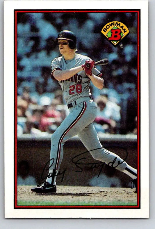 Cory Snyder in Cleveland Indians uniform swinging bat on 1989 Bowman #89 Baseball Card