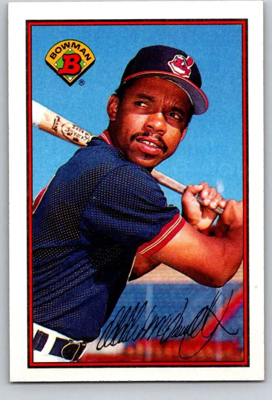 Baseball card of Oddibe McDowell in a batting stance for Cleveland Indians