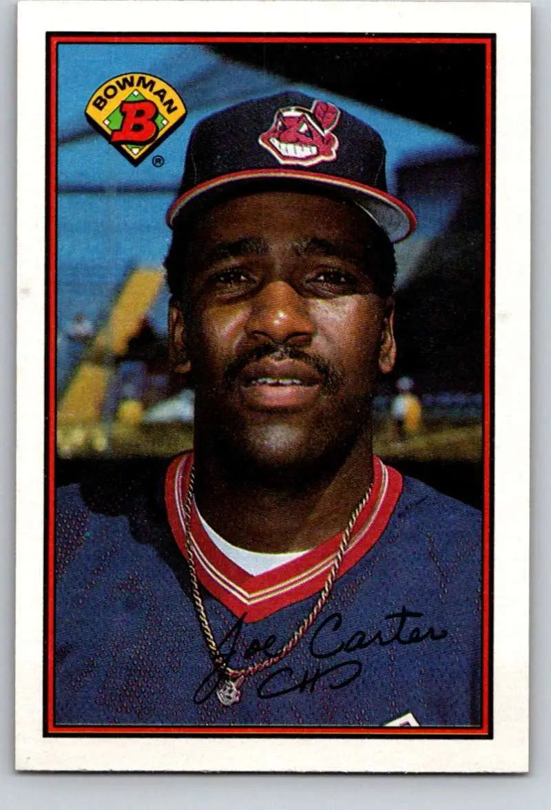 Joe Carter in navy blue Cleveland Indians uniform on 1989 Bowman baseball card