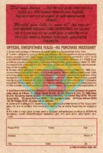 Sweepstakes entry form for 1989 Bowman Reprint Inserts Yogi Berra NM Yankees 1948