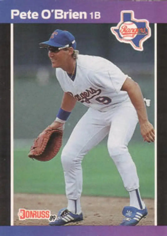 Texas Rangers Baseball Card of Pete O’Brien in white uniform and blue cap