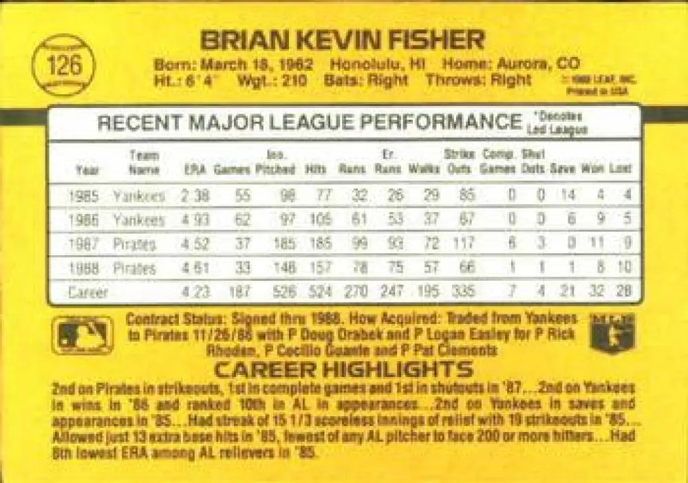 Yellow 1989 Donruss #126 Brian Fisher Pittsburgh Pirates Baseball Card statistics image