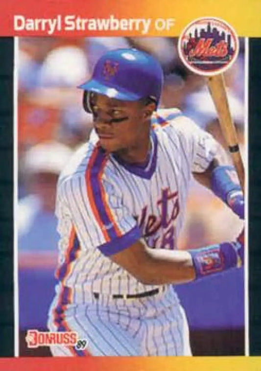 Darryl Strawberry at bat on a New York Mets baseball card in pinstriped uniform