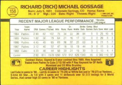 Rich Gossage Chicago Cubs Baseball Card featuring player stats and highlights in yellow