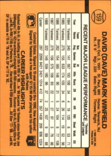 Back of 1989 Donruss #159 Dave Winfield baseball card with original gloss detail