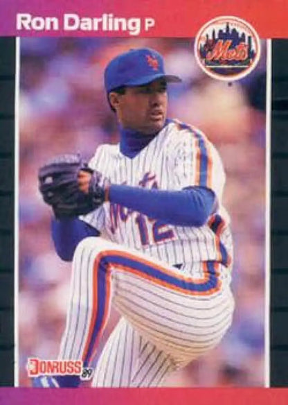 Ron Darling New York Mets pitcher card in pinstripe uniform during windup motion