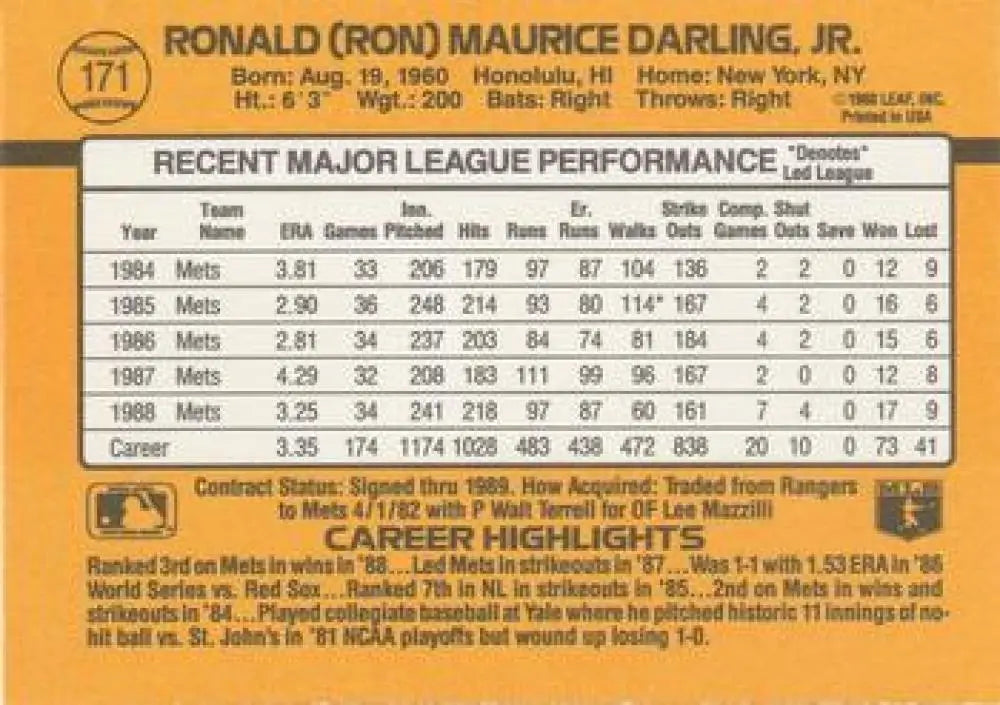 Ron Darling 1989 Donruss #171 New York Mets Baseball Card with career stats and highlights