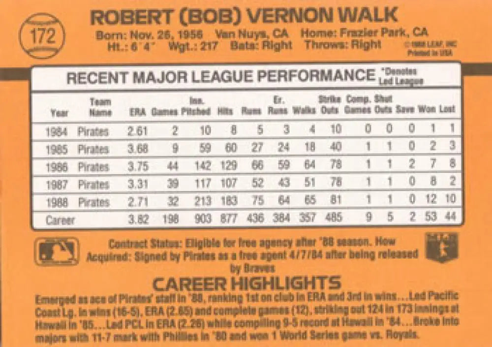 Bob Walk Baseball Card featuring career statistics for Pittsburgh Pirates player Bob Walk