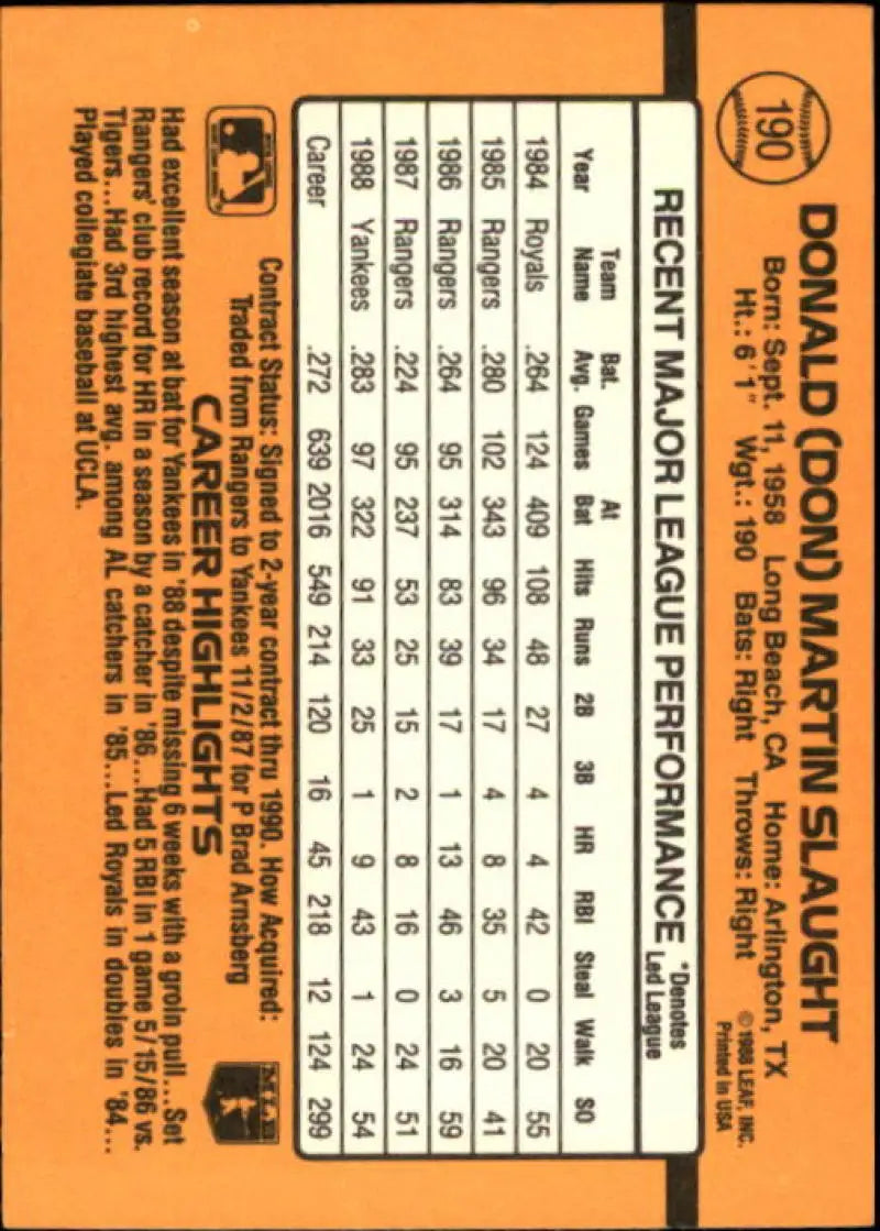 Orange baseball card back featuring Don Slaught’s statistics for Yankees baseball