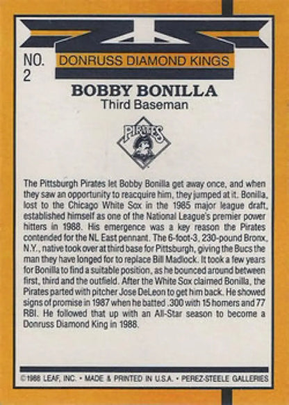 Bobby Bonilla 1986 Donruss Diamond Kings card for Pittsburgh Pirates Baseball collectors