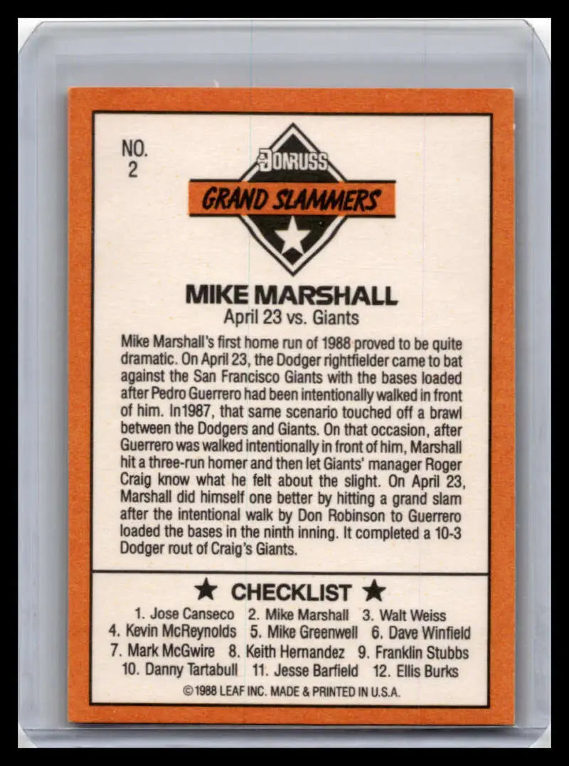 Baseball card from 1989 Donruss series featuring Mike Marshall of Los Angeles Dodgers