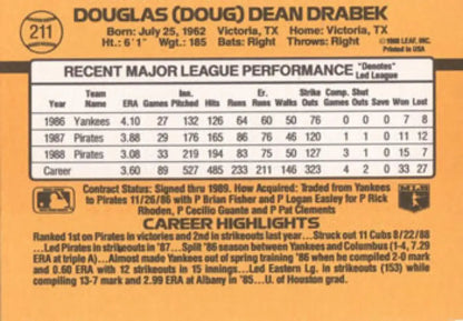 Doug Drabek 1989 Donruss baseball card featuring statistics for Pittsburgh Pirates player