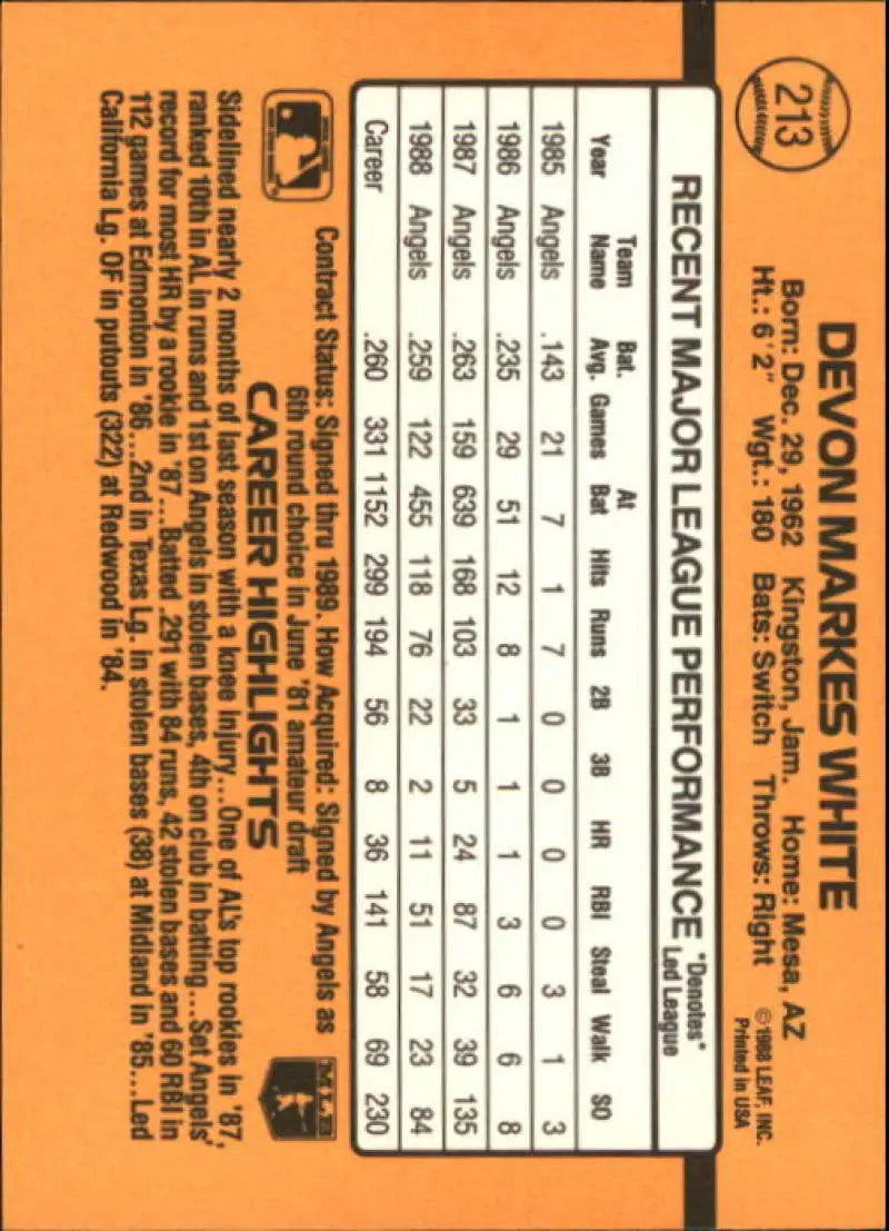 1989 Donruss #213 Devon White California Angels Baseball Card with player stats on orange background