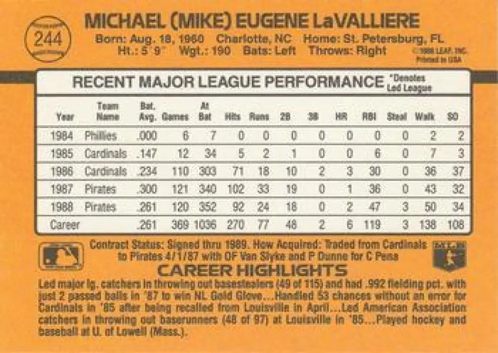 Mike LaValliere 1989 Donruss baseball card featuring Pittsburgh Pirates career statistics