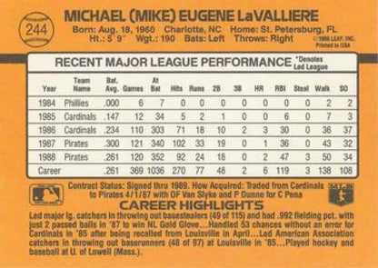 Mike LaValliere 1989 Donruss baseball card featuring Pittsburgh Pirates career statistics