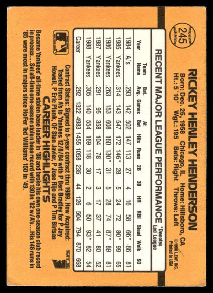 Rickey Henderson 1989 Donruss baseball card with player stats on orange background