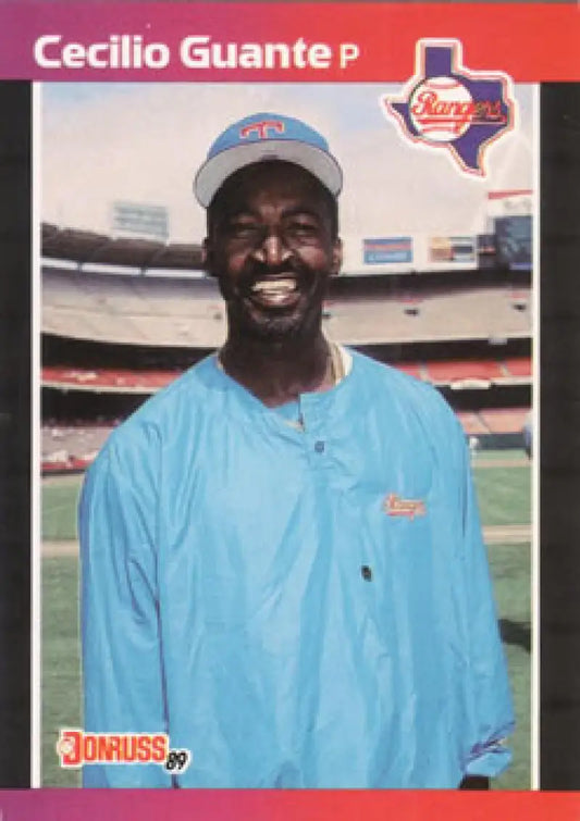 Baseball card of Cecilio Guante in light blue shirt and Cubs cap at Texas Rangers stadium