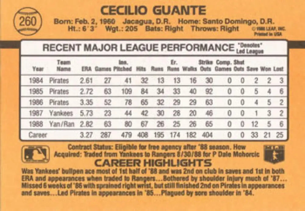 Cecilio Guante baseball card featuring MLB stats for Texas Rangers fans