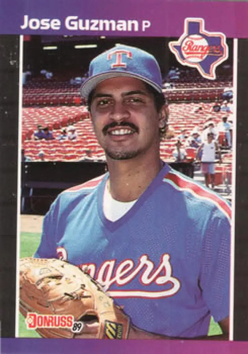 Texas Rangers Jose Guzman baseball card in blue uniform with mustache, 1989 Donruss #284