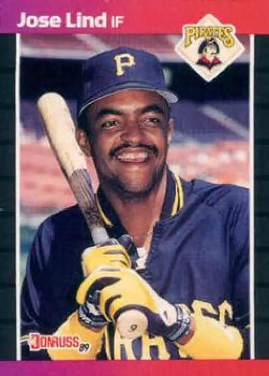 Pittsburgh Pirates player Jose Lind in navy uniform with bat on 1989 Donruss baseball card