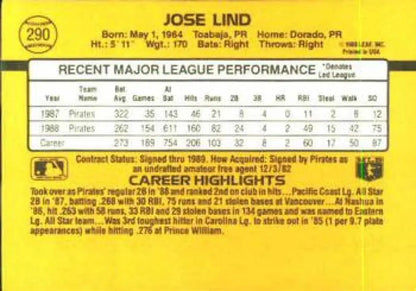 1989 Donruss #290 Jose Lind Pittsburgh Pirates Baseball Card with player stats on yellow background