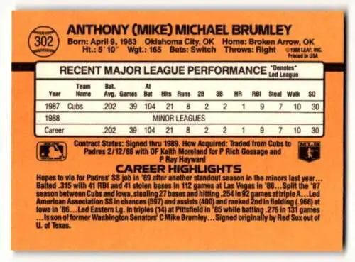 Original gloss 1989 Donruss #302 Mike Brumley San Diego Padres Baseball Card stats