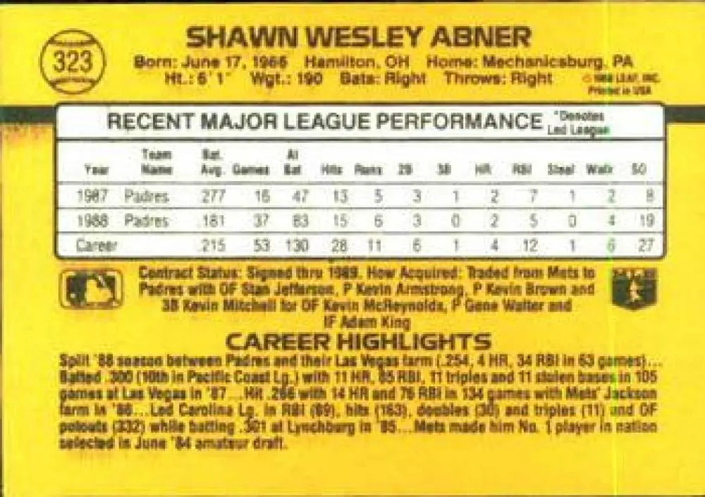 Baseball card featuring Shawn Abner and career stats from the San Diego Padres