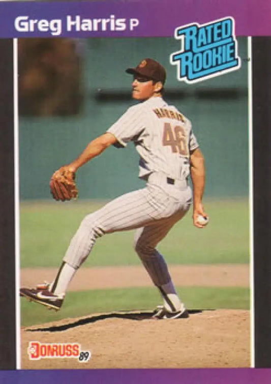 1989 Donruss San Diego Padres Rookie Card of Greg Harris in mid-delivery pitch