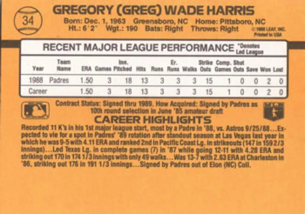 Baseball card of Greg Harris with stats, San Diego Padres Rookie Card, 1989 Donruss