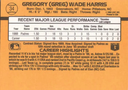 Baseball card of Greg Harris with stats, San Diego Padres Rookie Card, 1989 Donruss