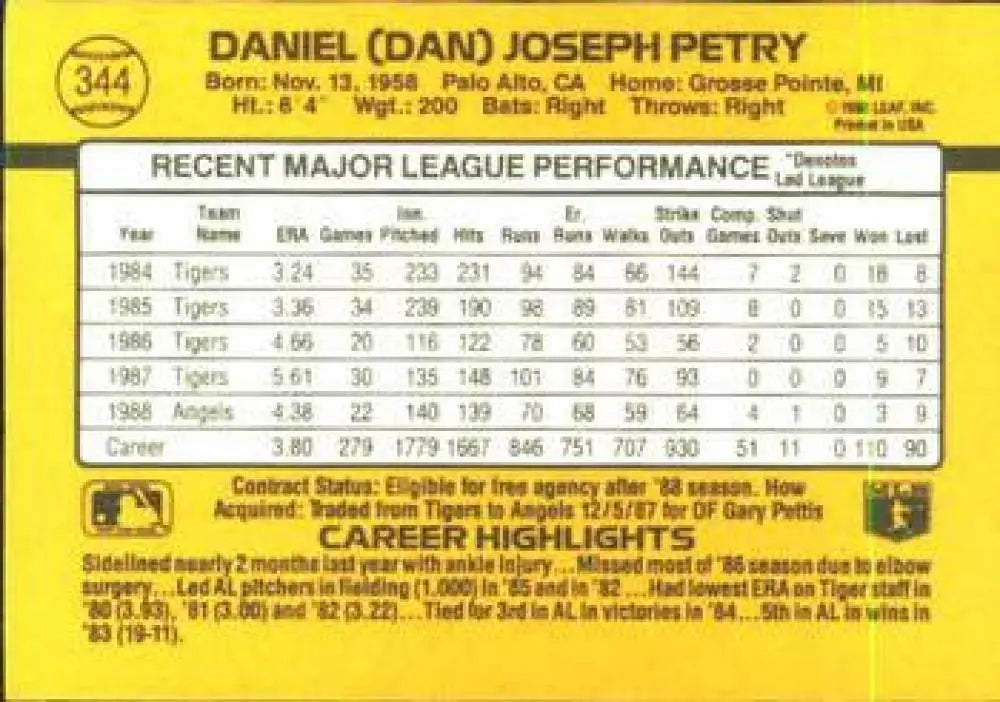 Dan Petry California Angels Baseball Card showcasing MLB statistics and career highlights