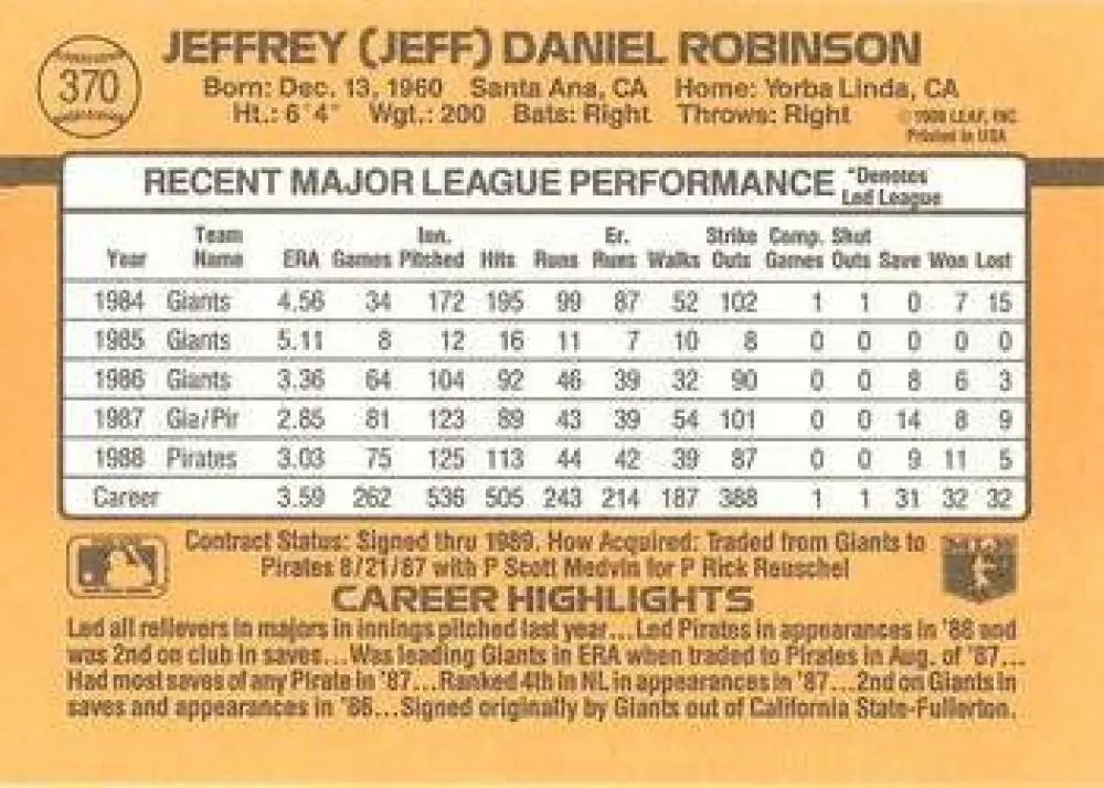 1989 Donruss #370 Jeff Robinson Pittsburgh Pirates Baseball Card with career statistics