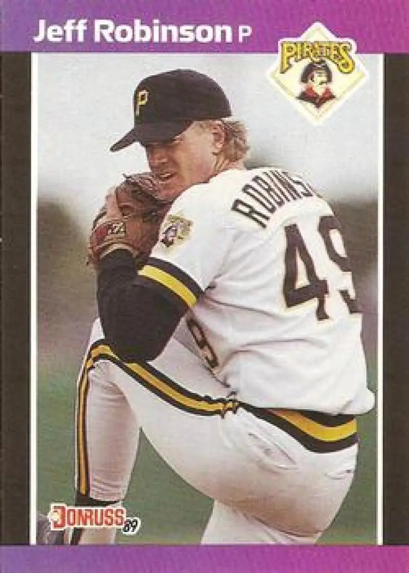 Jeff Robinson in mid-windup on a 1989 Donruss Pittsburgh Pirates baseball card