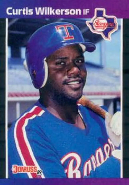 Baseball card of Curtis Wilkerson in Texas Rangers blue uniform and batting helmet