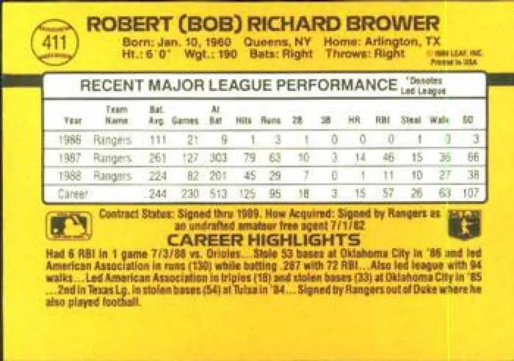 Baseball card featuring Pat Perry career stats for Chicago Cubs Baseball player Bob Brower