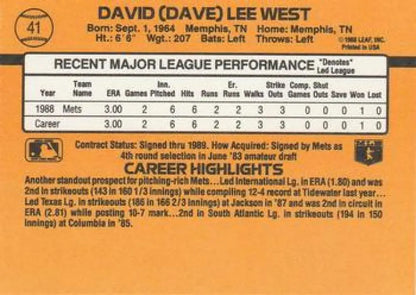 David West rookie card featuring player stats and highlights, New York Mets 1988