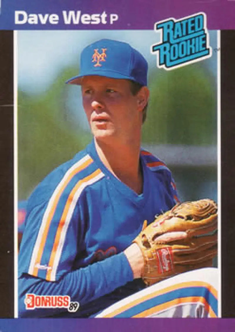 Baseball card of David West in blue and orange Mets uniform with glove, rookie card