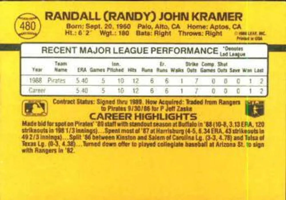 Randy Kramer card with player stats on a yellow background for Pittsburgh Pirates fans