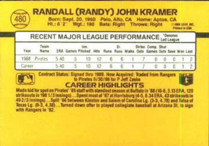 Randy Kramer card with player stats on a yellow background for Pittsburgh Pirates fans