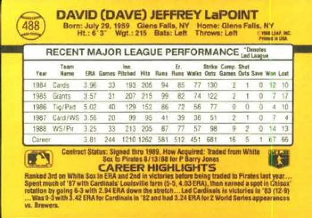 Baseball card featuring Dave LaPoint’s stats with the Pittsburgh Pirates Baseball team