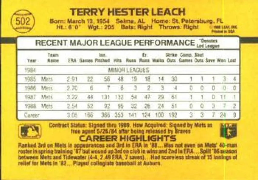 1989 Donruss #502 Terry Leach NM-MT New York Mets Baseball Card Image 2