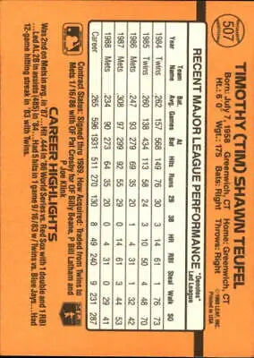 Baseball card back of 1989 Donruss #507 Tim Teufel New York Mets MLB collectible