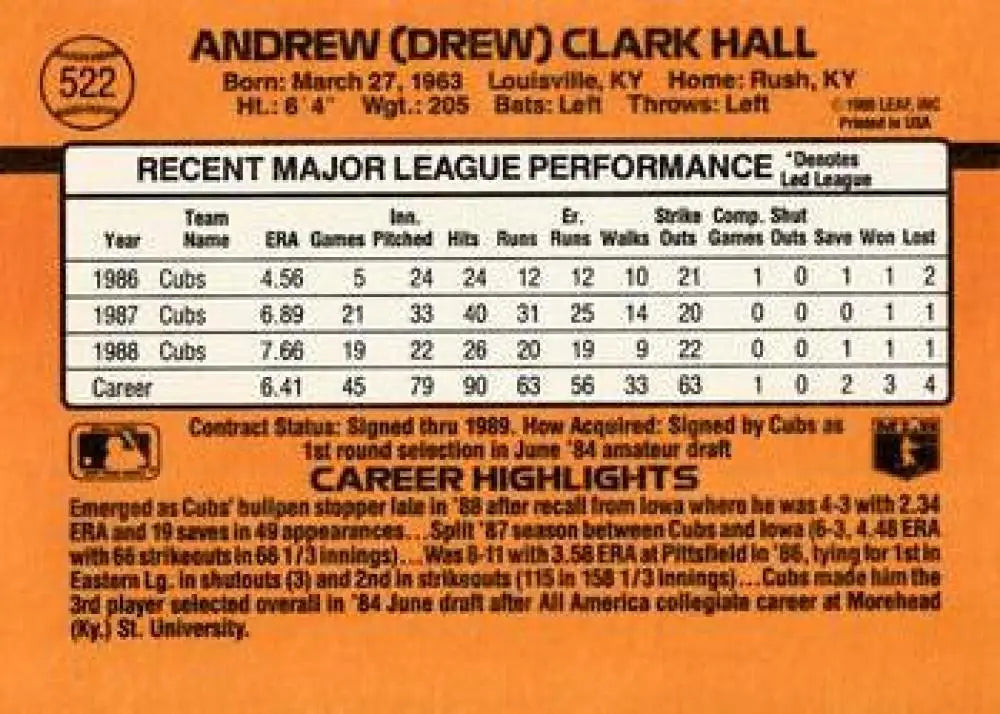 1989 Donruss Drew Hall baseball card showcasing Chicago Cubs MLB statistics and highlights