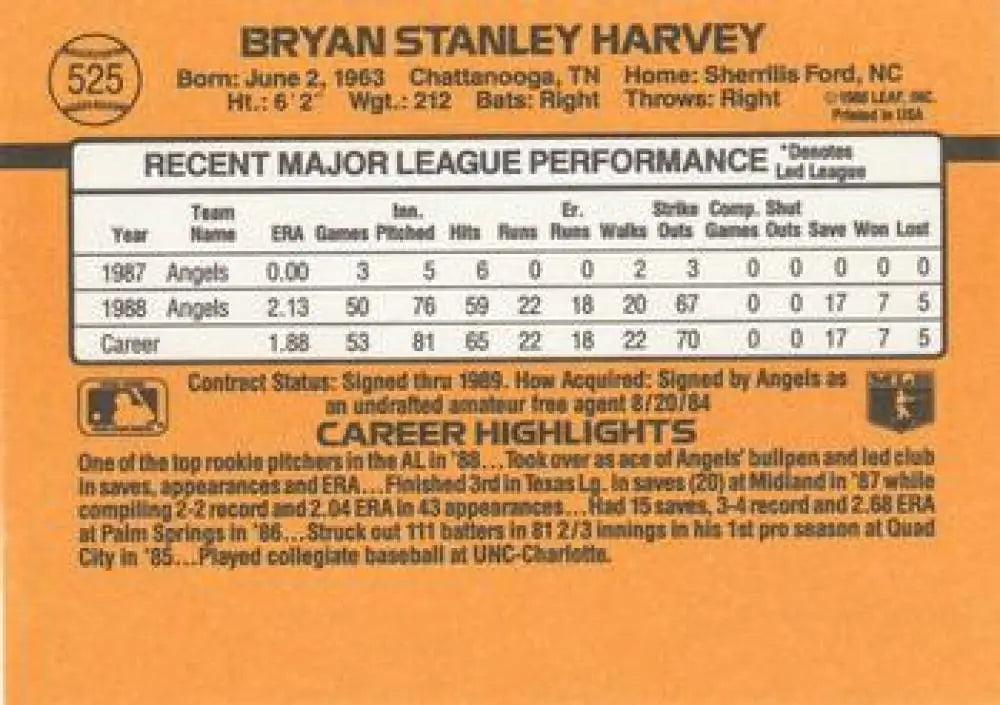 Bryan Harvey DP NM-MT RC Rookie card showcasing California Angels statistics from 1989